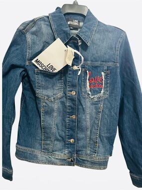 New Authentic Moschino Blue stretchable Denim Jacket with Logo Tag